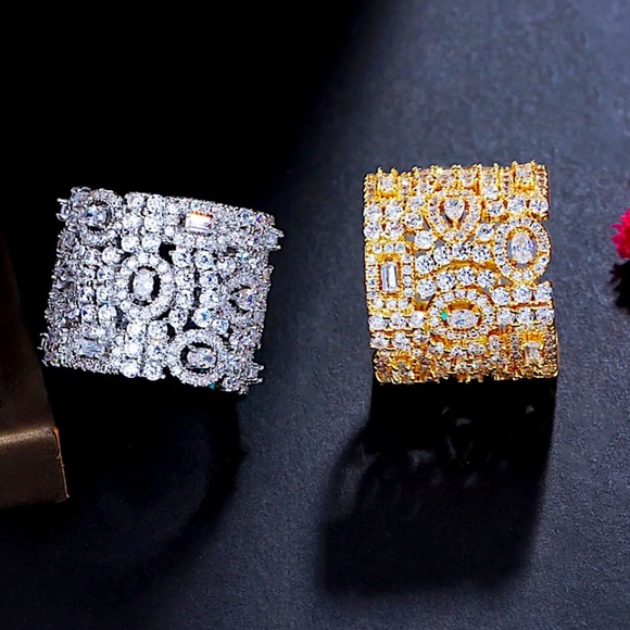 White Gold Plated Zircon Ring, Adjustable, Wide Band, Statement Jewelry - Picture 3 of 9